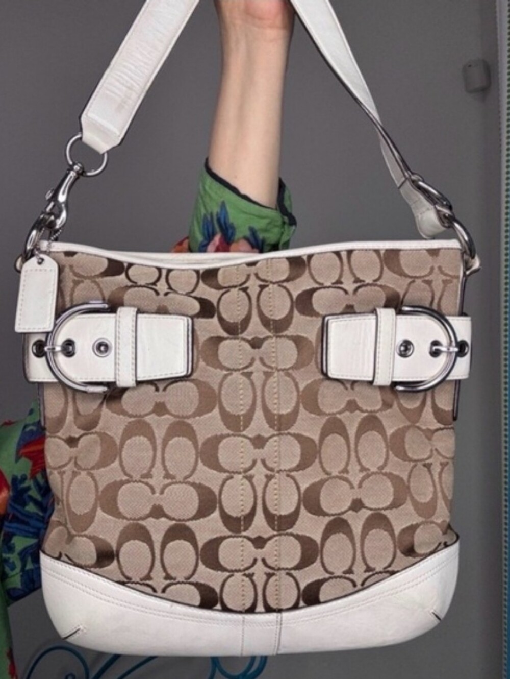 Coach Signature Canvas Buckle Hobo Shoulder Bag White Leather Trim Style 3574